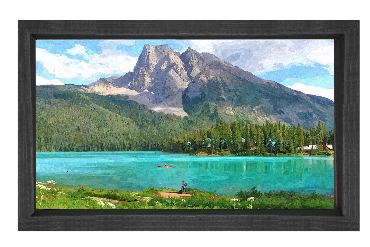 Yeşil Dağ Ve Ağaçlı Göl Tablosu Siyah Ahşap - 50x70