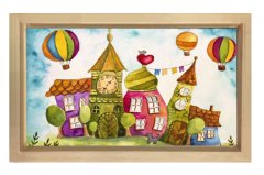 Balonlar ve Masal Evler Tablosu Naturel Ahşap Çerçeve - 100x150