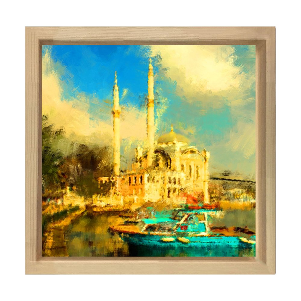 Orta Köy Camisi Yağlıboya Tablosu Naturel Ahşap Çerçeve - 70x70