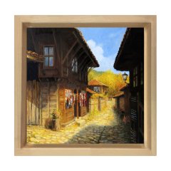 Köy Meydanı Tablosu Naturel Ahşap Çerçeve - 70x70