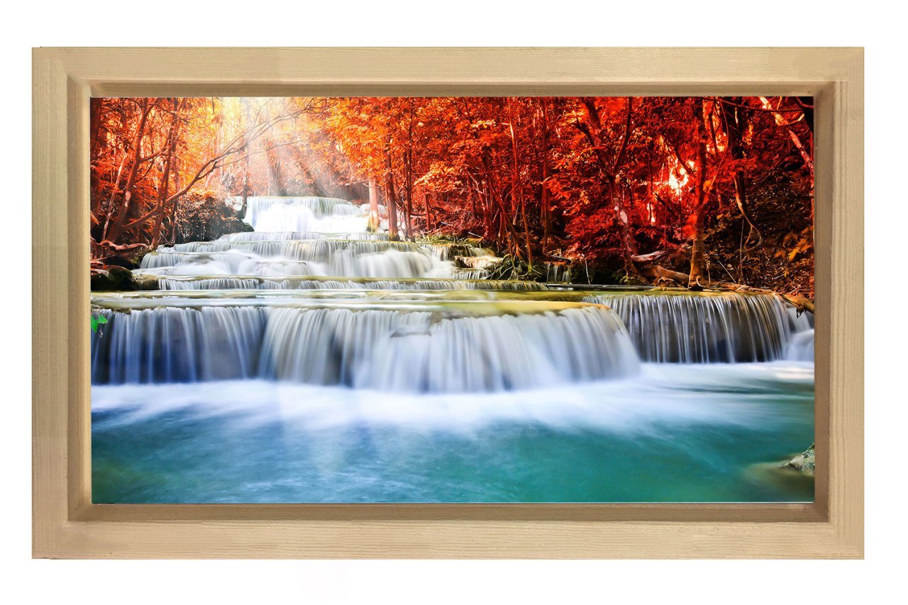 Kırmızılıklı Manzara Şelale Tablosu Naturel Ahşap Çerçeve - 100x150