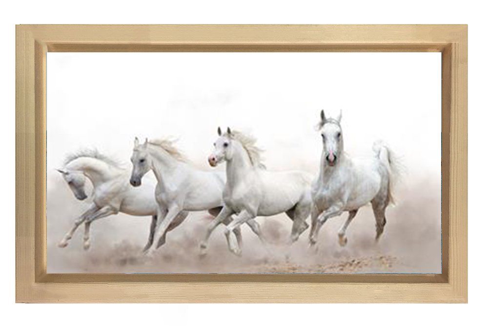 Beyaz Atlar Tablosu Naturel Ahşap Çerçeve - 100x200