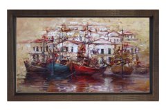 Kayıklar ve Liman Tablosu Kahverengi Ahşap Çerçeve - 100x200