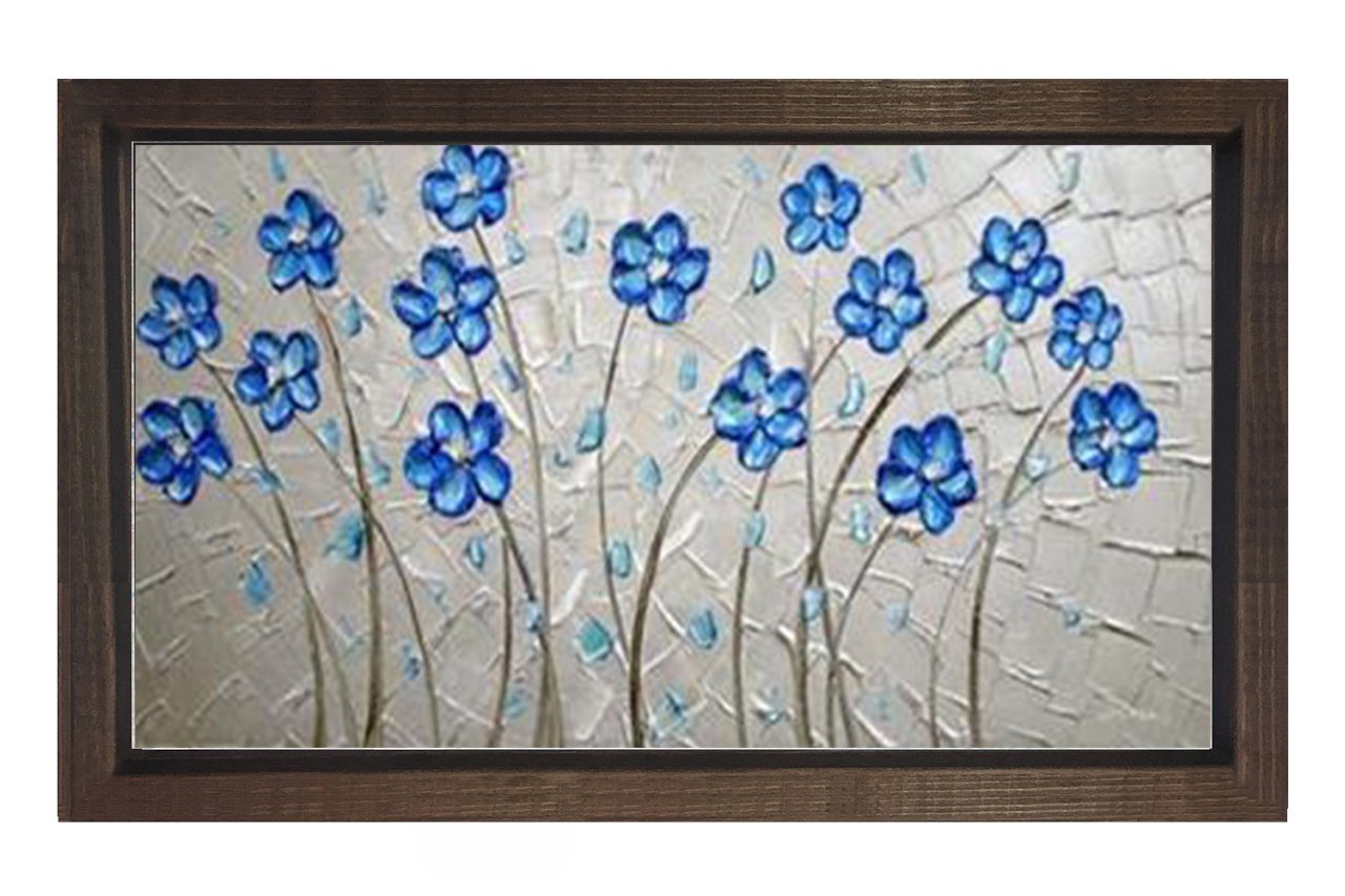 Mavi Menekşeler Tablosu Kahverengi Ahşap - 45x30