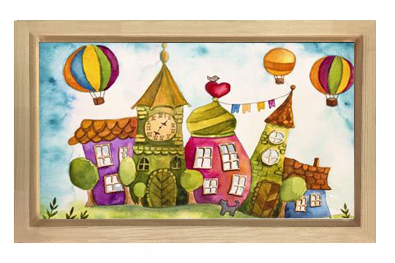 Balonlar ve Masal Evler Tablosu Naturel Ahşap Çerçeve - 50x90