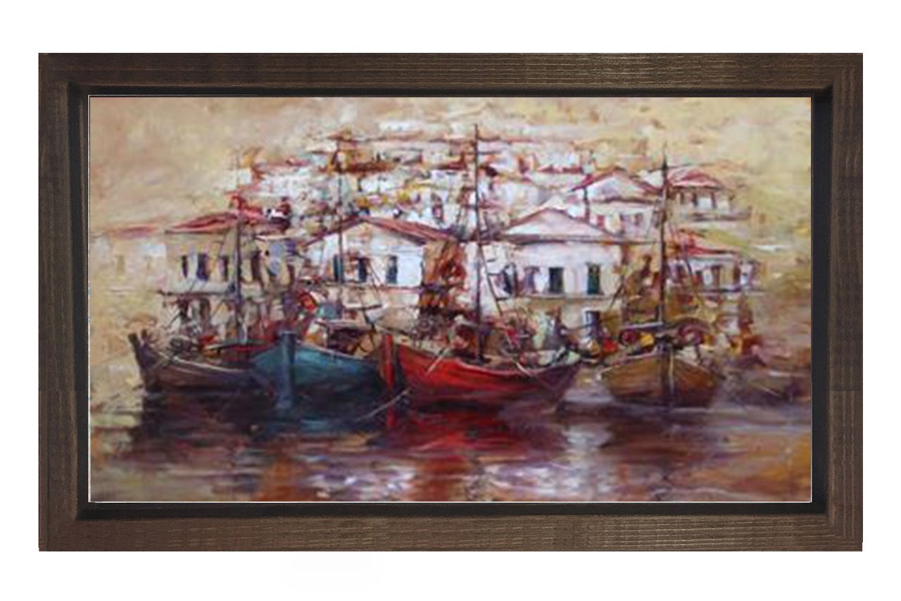 Kayıklar ve Liman Tablosu Kahverengi Ahşap Çerçeve - 50x70