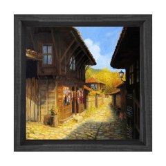 Köy Meydanı Tablosu Siyah Ahşap Çerçeve - 60x60
