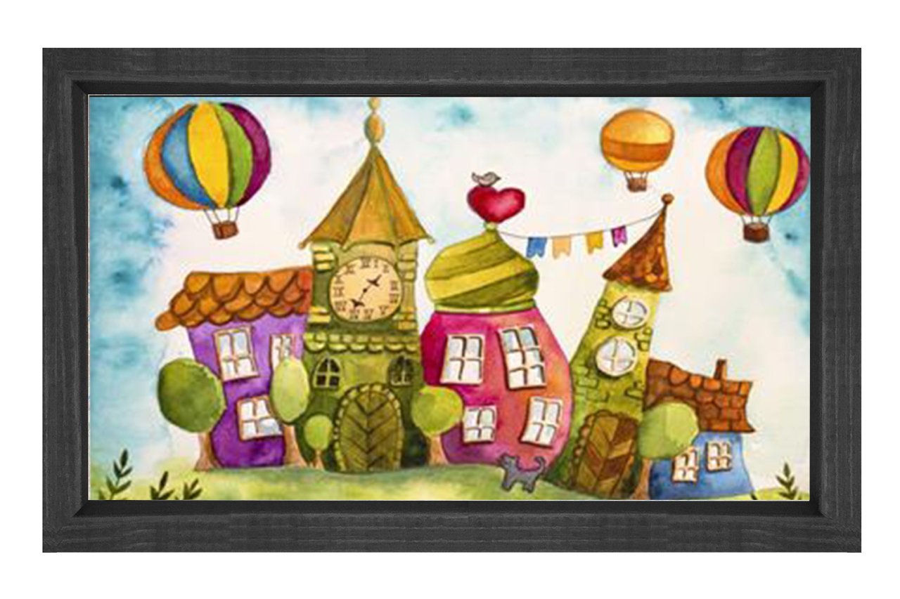 Balonlar ve Masal Evler Tablosu Siyah Ahşap Çerçeve - 40x60