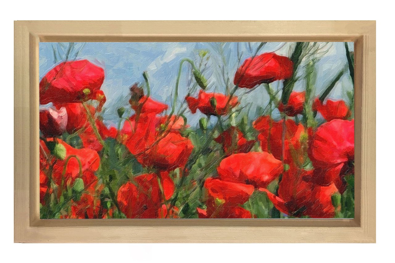 Kırmızı Gelincik Çiçekler Tablosu Naturel Ahşap Çerçeve - 45x30