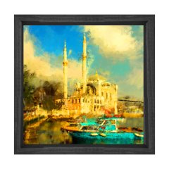 Orta Köy Camisi Yağlıboya Tablosu Siyah Ahşap Çerçeve - 90x90