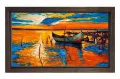 Kayık Ve Günbatımı Tablosu Kahverengi Ahşap Çerçeve - 100x150