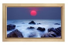 Kızıl Güneş Dalgalı Taş Tablosu Naturel Ahşap Çerçeve - 70x100