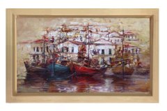 Kayıklar ve Liman Tablosu Naturel Ahşap Çerçeve - 50x90