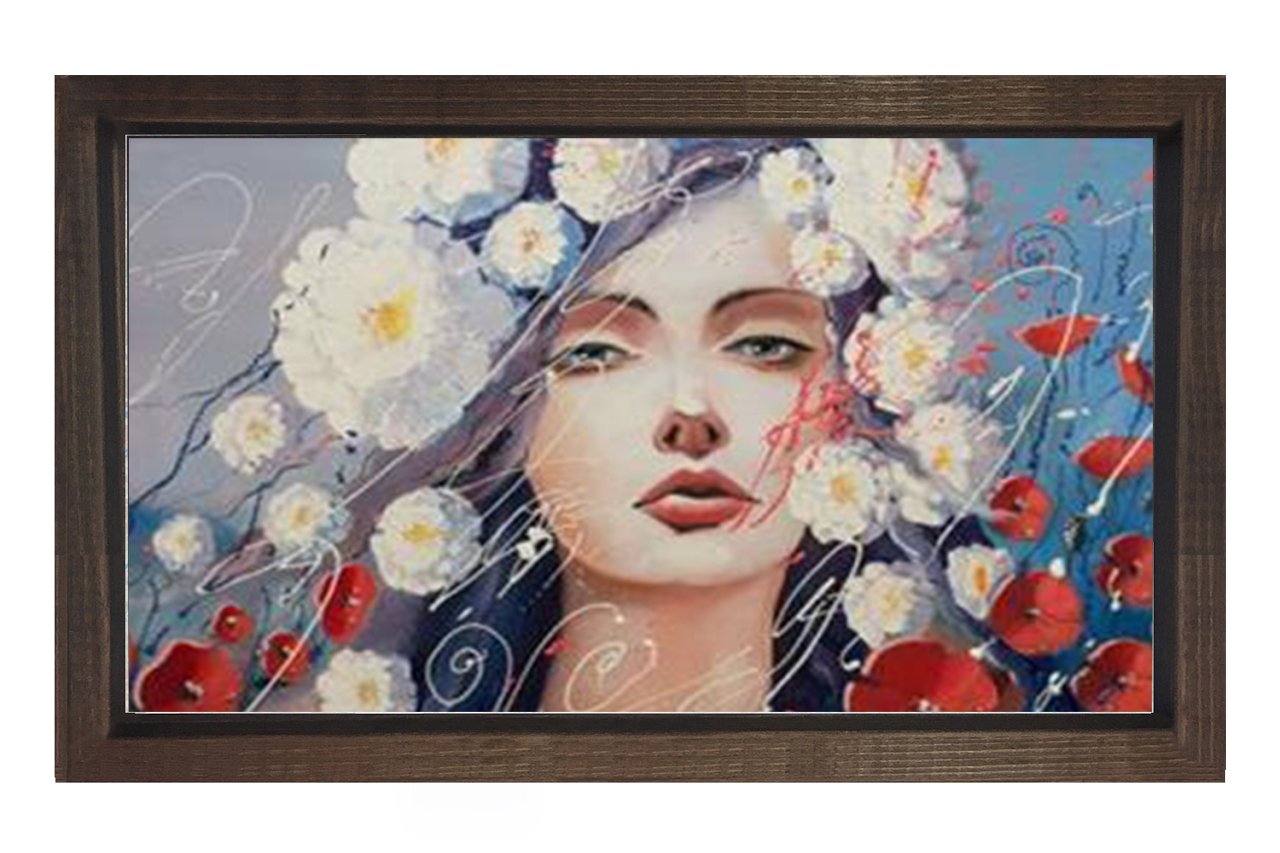 Çiçekler Ve Kız Tablosu Kahverengi Ahşap - 40x60