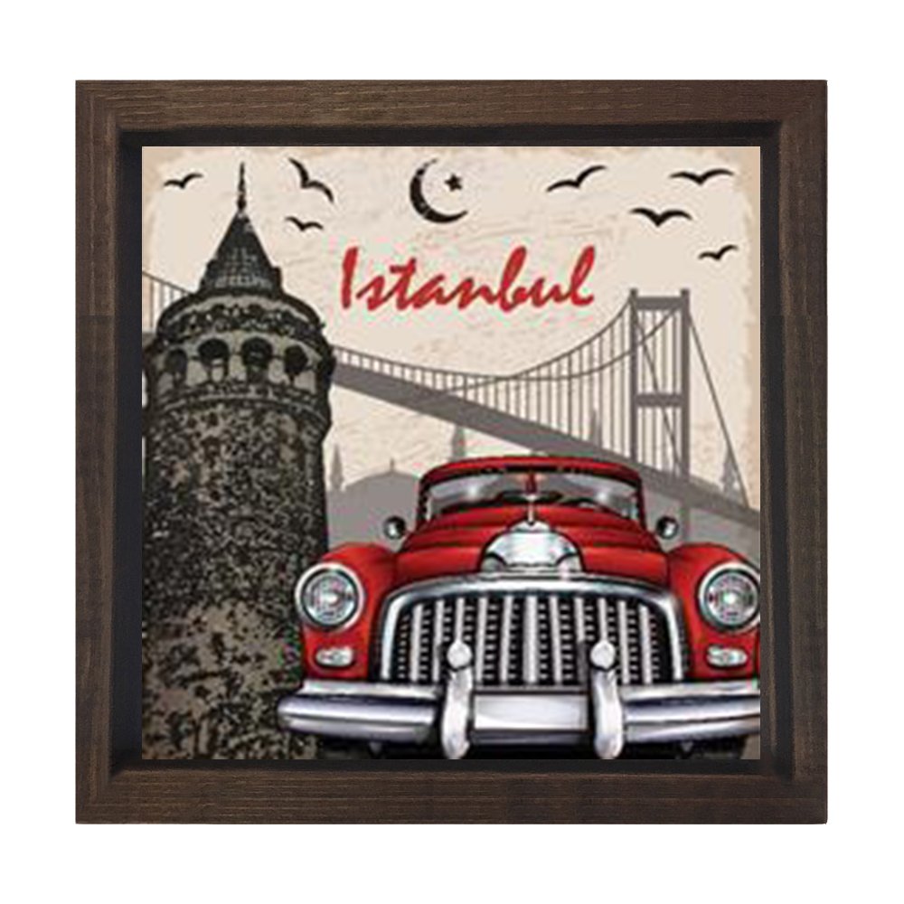 Vintage Araba İstanbul Tablosu Kahverengi Ahşap Çerçeve - 70x70