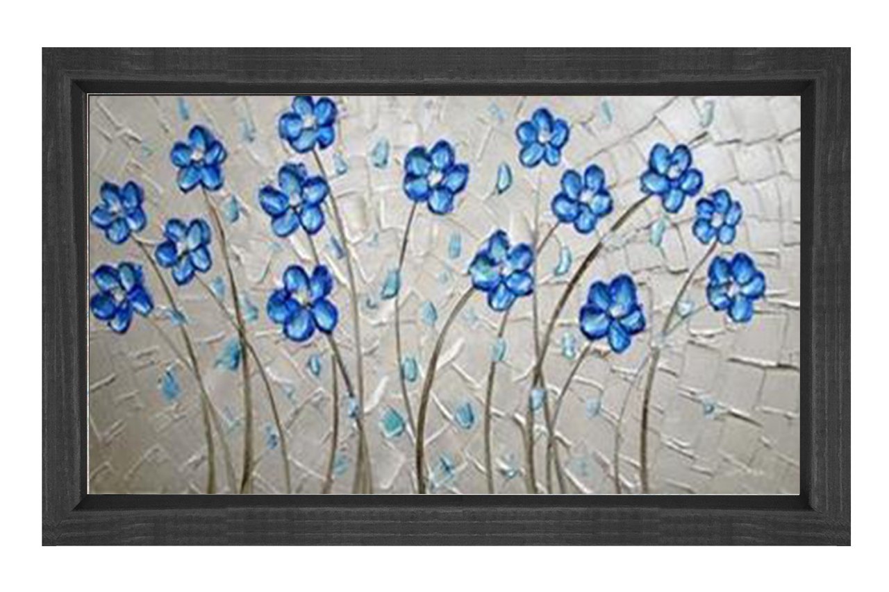 Mavi Menekşeler Tablosu Siyah Ahşap - 40x60