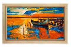 Kayık Ve Günbatımı Tablosu Naturel Ahşap Çerçeve - 100x200