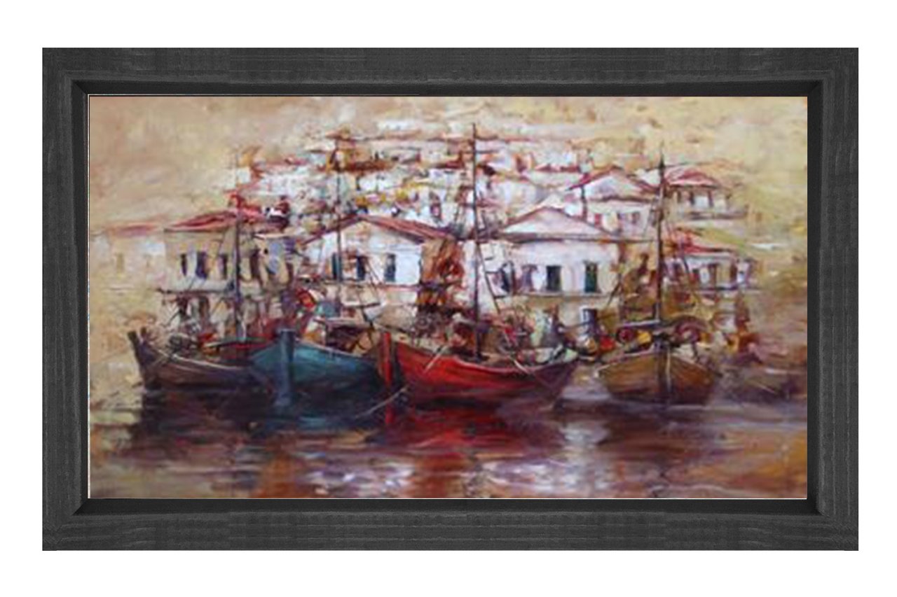Kayıklar ve Liman Tablosu Siyah Ahşap Çerçeve - 45x30