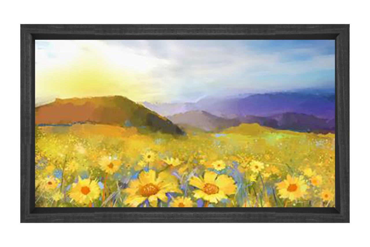 Sarı Papatya Manzarası Tablosu Siyah Ahşap - 100x200