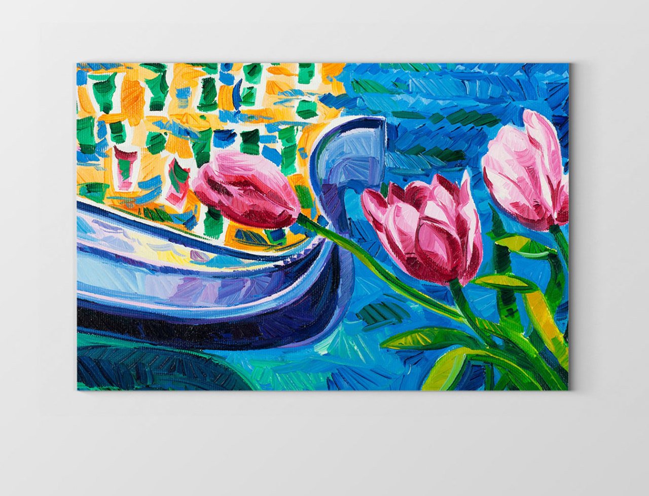 Kayık Ve Pembe Güller Tablosu Çerçevesiz - 40x60