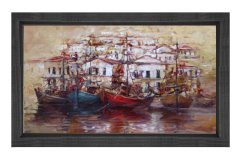 Kayıklar ve Liman Tablosu Siyah Ahşap Çerçeve - 50x70
