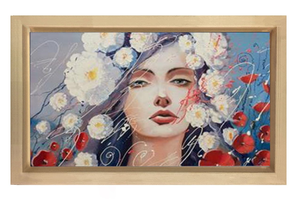 Çiçekler Ve Kız Tablosu Naturel Ahşap - 100x200