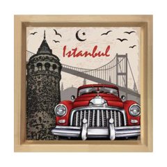 Vintage Araba İstanbul Tablosu Naturel Ahşap Çerçeve - 70x70