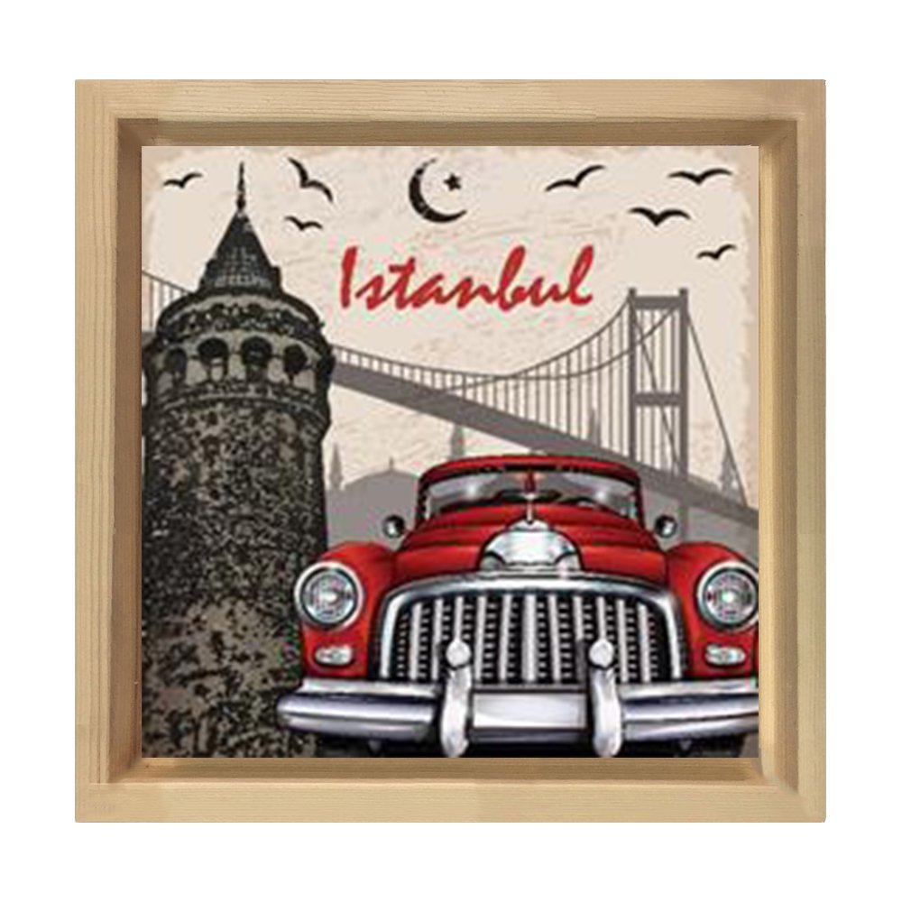 Vintage Araba İstanbul Tablosu Naturel Ahşap Çerçeve - 80x80