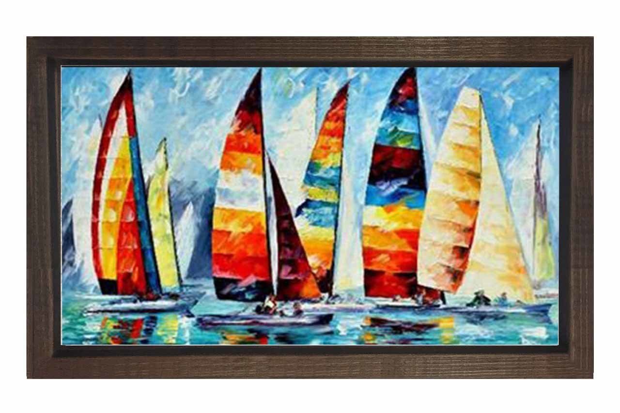 Renkli Yelken Gemiler  Tablosu Kahverengi Ahşap Çerçeve - 40x60