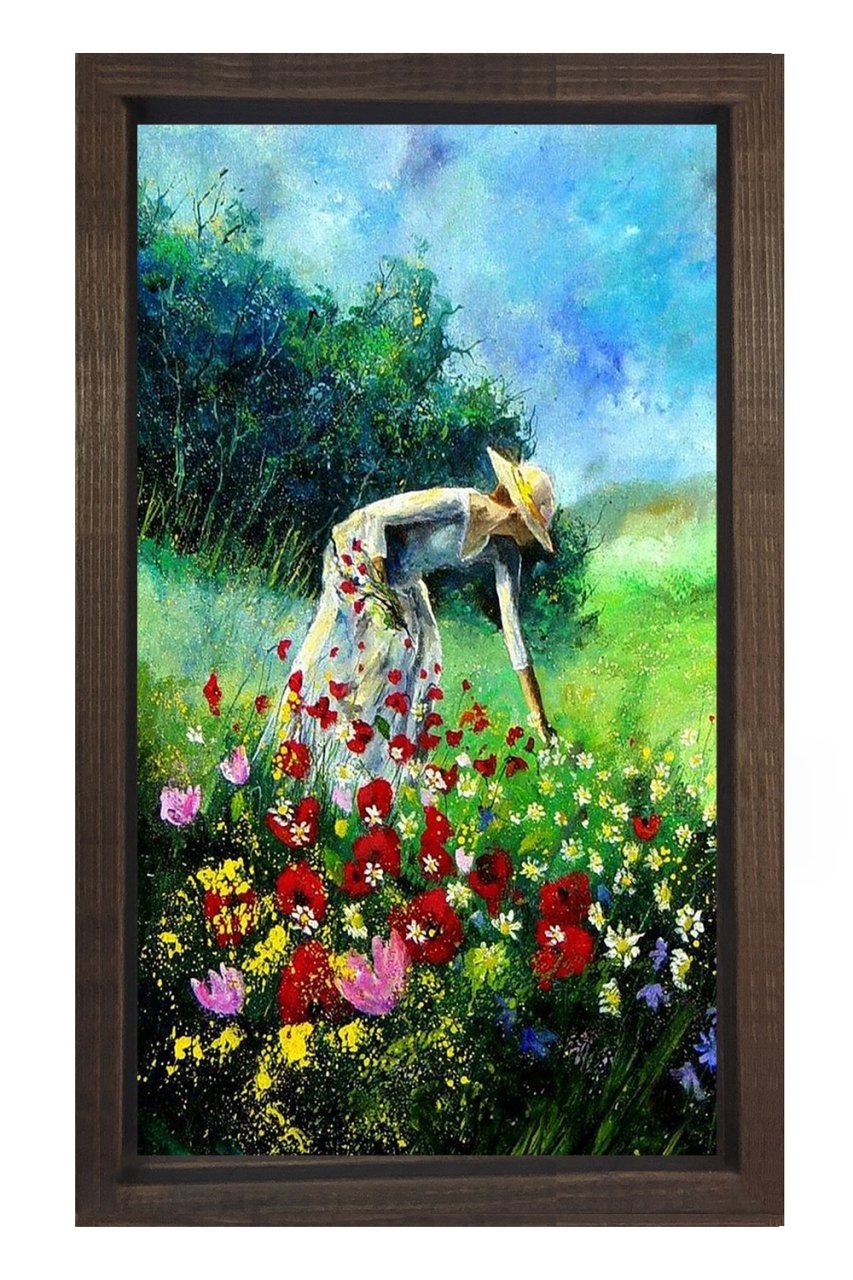 Bahçivan Ve  Çiçekli Yeşillik Tablosu Kahverengi Ahşap Çerçeve - 100x200
