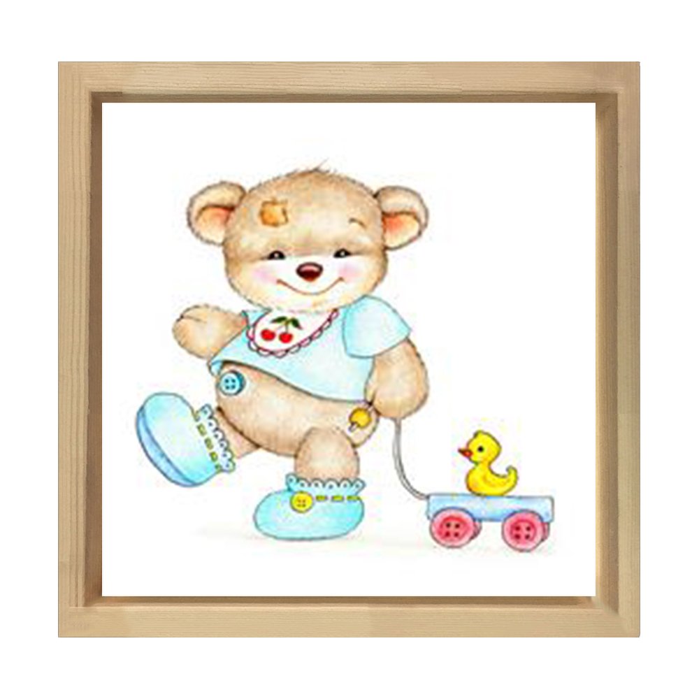 Sevimli Ayıcık Ve Ördek Tablosu Naturel Ahşap Çerçeve - 80x80