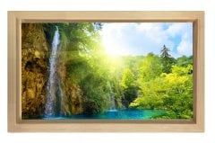 Şelale Manzarası Berrak Su Tablosu Naturel Ahşap Çerçeve - 50x90