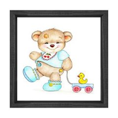 Sevimli Ayıcık Ve Ördek Tablosu Siyah Ahşap Çerçeve - 40x40