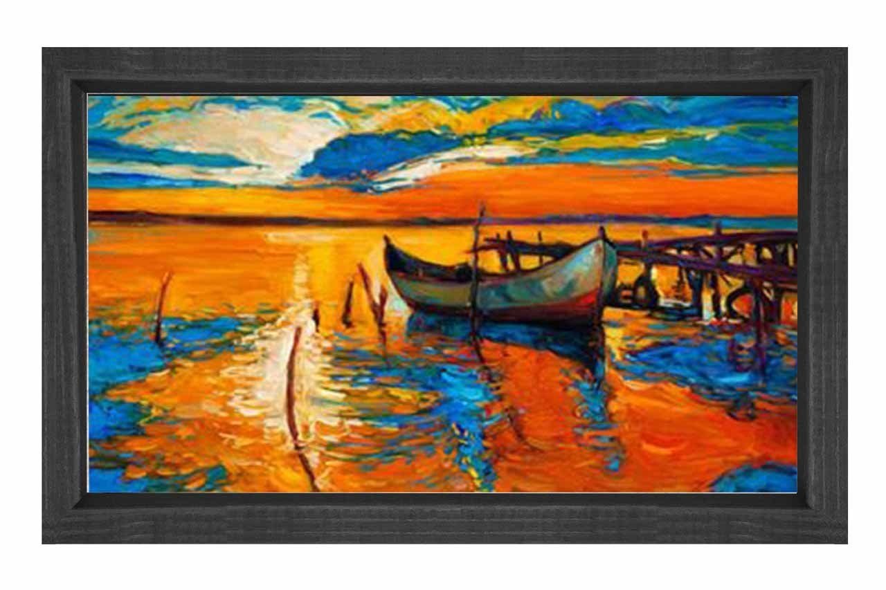 Kayık Ve Günbatımı Tablosu Siyah Ahşap Çerçeve - 70x100