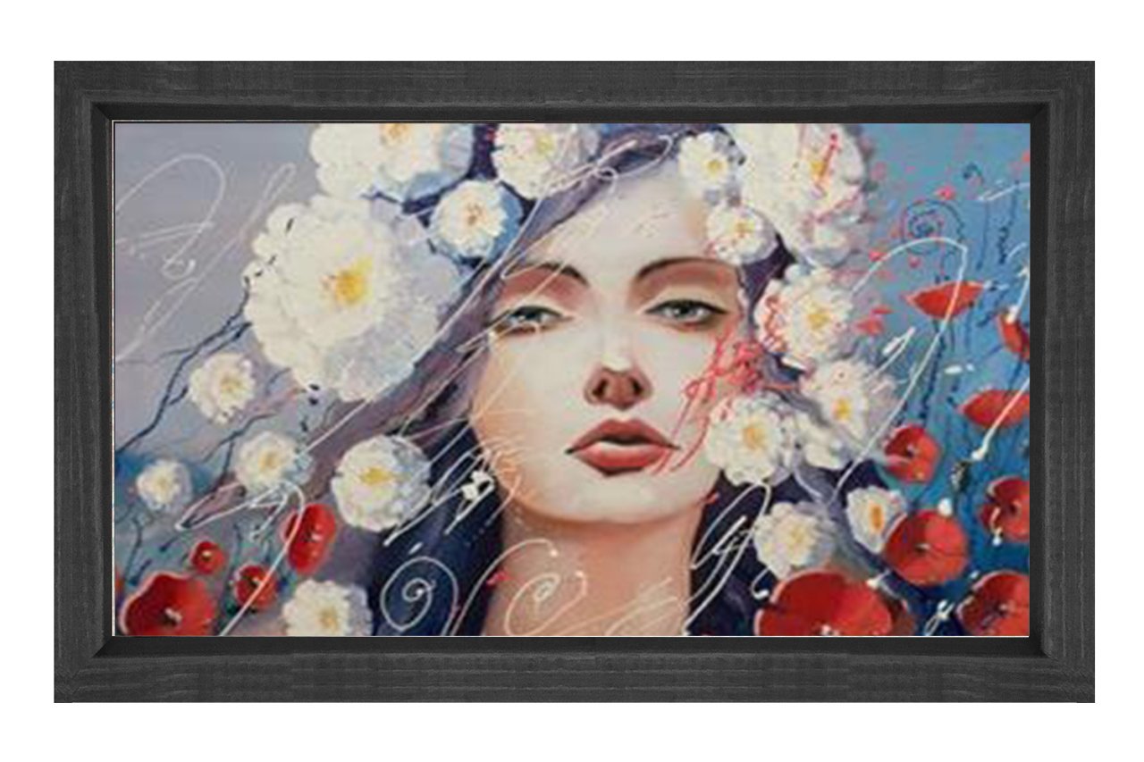 Çiçekler Ve Kız Tablosu Siyah Ahşap - 50x70