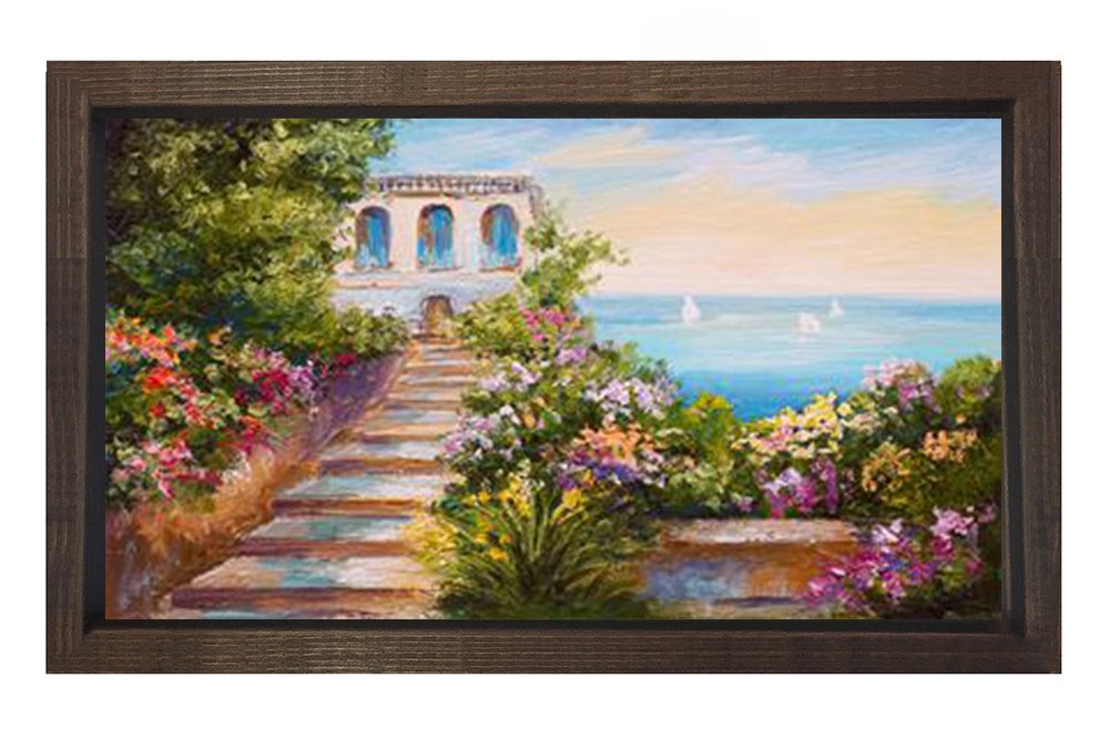 Çiçekli Deniz Evi Tablosu Kahverengi Ahşap - 70x100