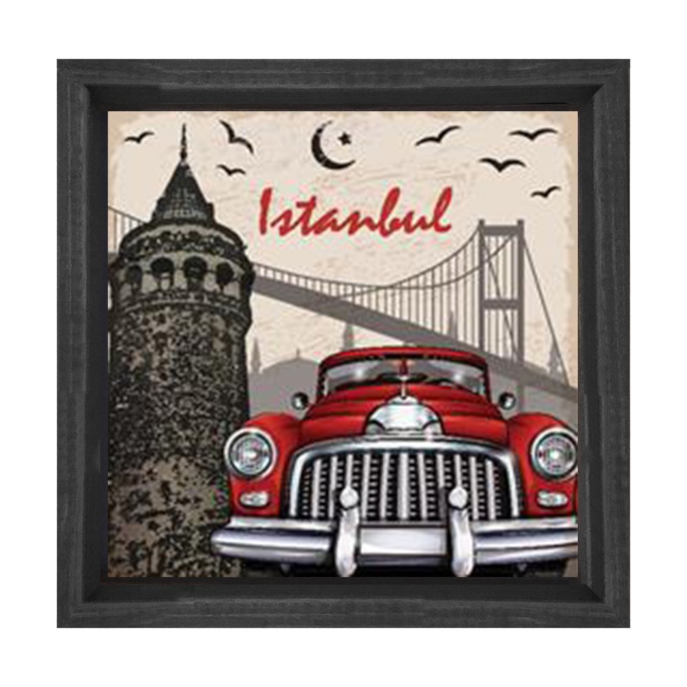 Vintage Araba İstanbul Tablosu Siyah Ahşap Çerçeve - 100x100