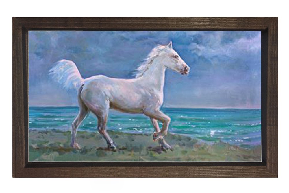 Beyaz At Tablosu Tablosu Kahverengi Ahşap Çerçeve - 100x200