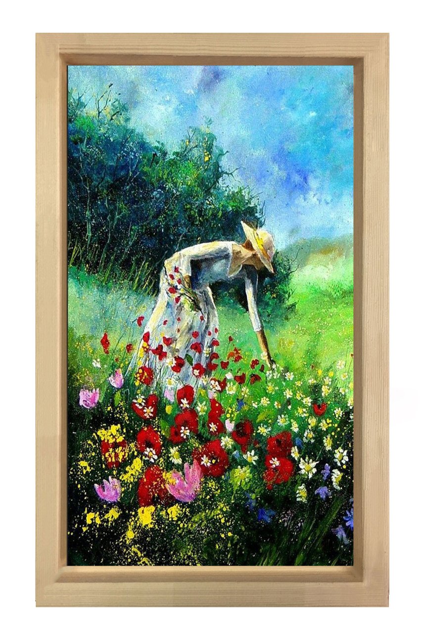 Bahçivan Ve  Çiçekli Yeşillik Tablosu Naturel Ahşap Çerçeve - 50x90