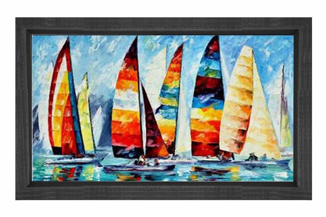 Renkli Yelken Gemiler  Tablosu Siyah Ahşap Çerçeve - 100x150