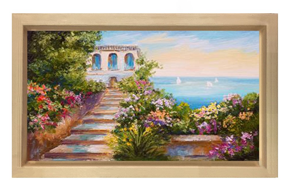 Çiçekli Deniz Evi Tablosu Naturel Ahşap - 50x70