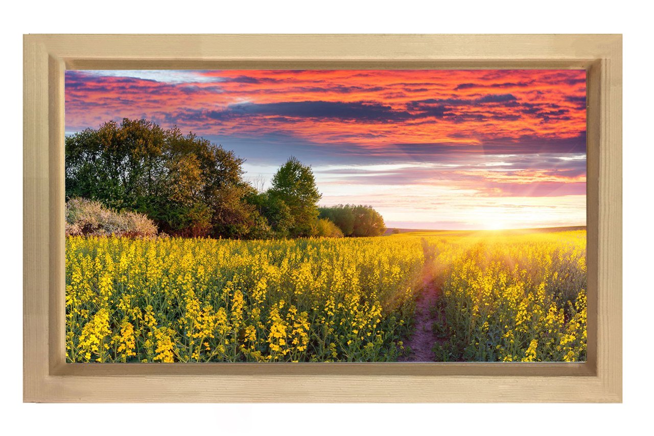 Muhtesem Gökyüzü Çiçekli Tarla Tablosu Naturel Ahşap - 50x70