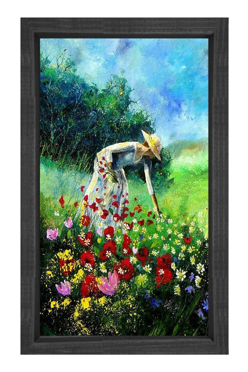 Bahçivan Ve  Çiçekli Yeşillik Tablosu Siyah Ahşap Çerçeve - 40x60