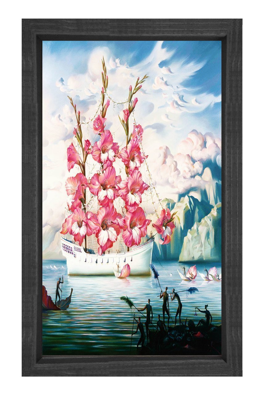 Çiçek Gemisi Tablosu Siyah Ahşap Çerçeve - 100x200