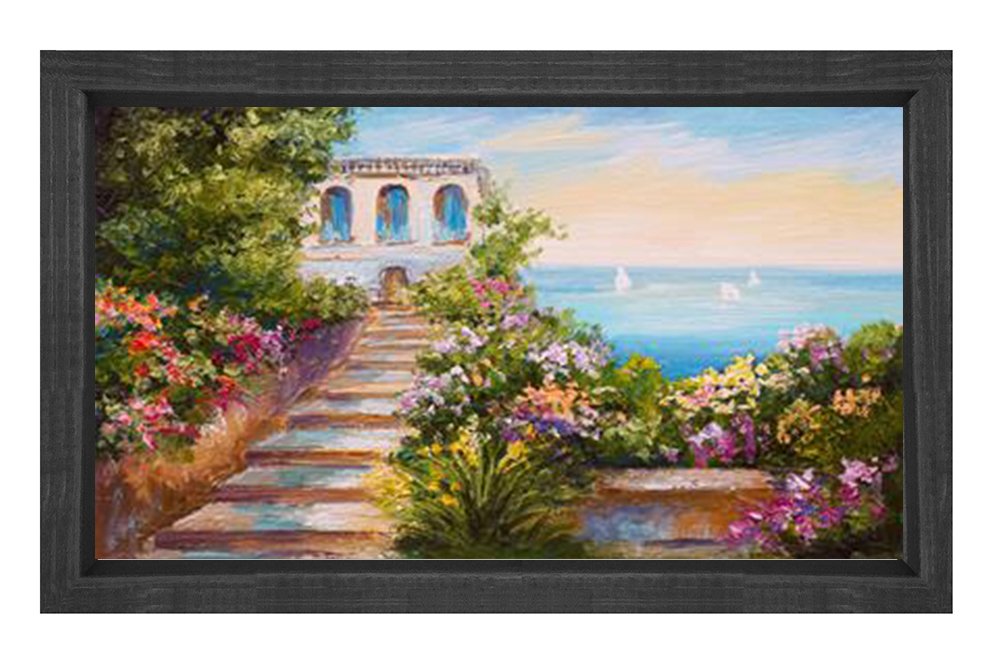 Çiçekli Deniz Evi Tablosu Siyah Ahşap - 70x100