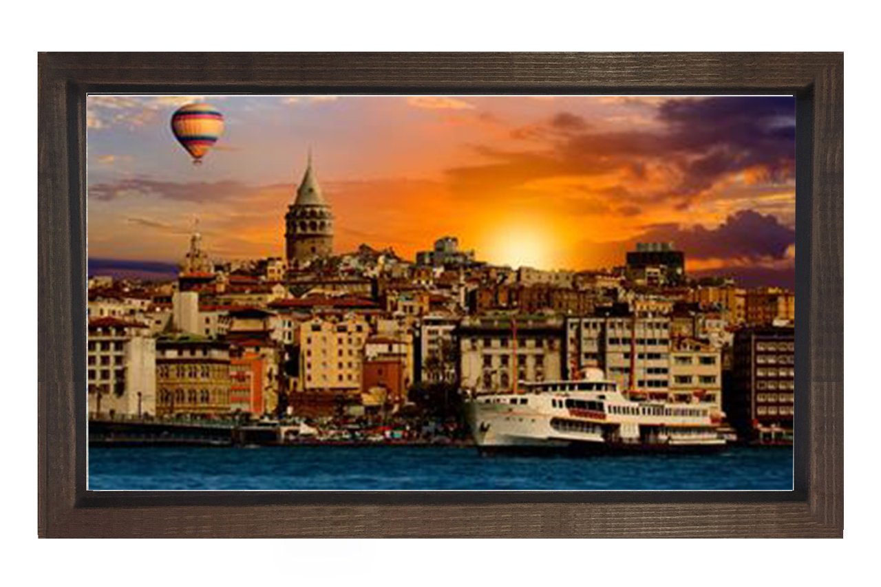 İstanbul ve Günbatımı Tablosu Kahverengi Ahşap Çerçeve - 40x60