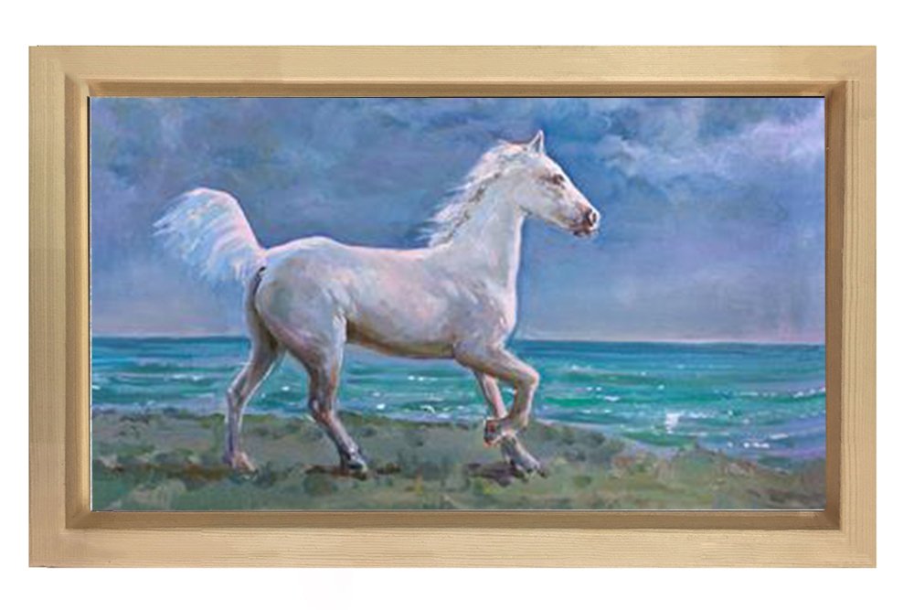 Beyaz At Tablosu Tablosu Naturel Ahşap Çerçeve - 50x70