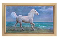 Beyaz At Tablosu Tablosu Naturel Ahşap Çerçeve - 50x70