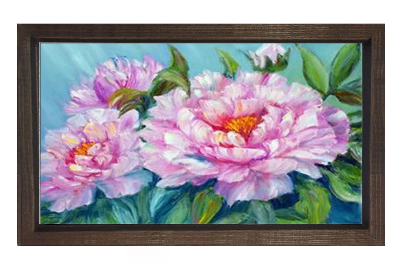 Pembe Mor Çiçekler Tablosu Kahverengi Ahşap - 50x90