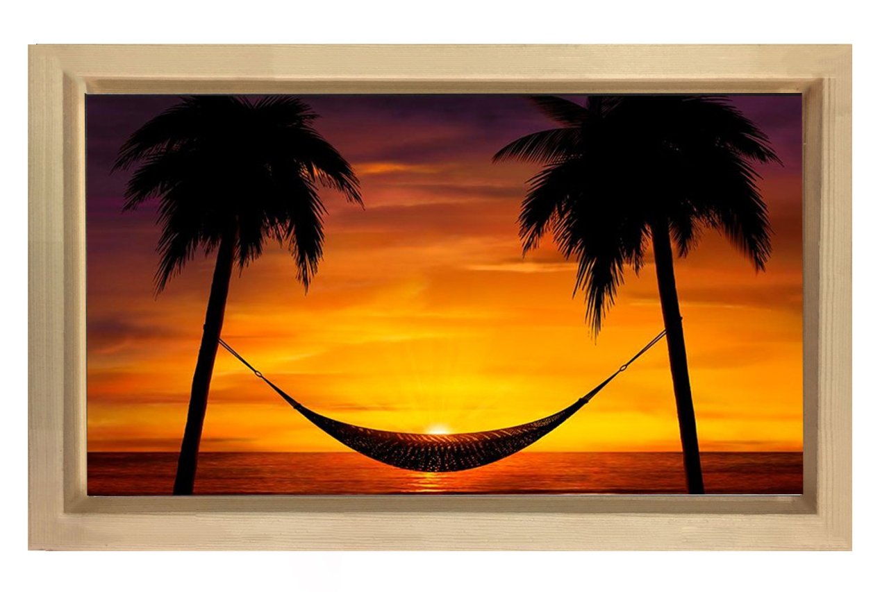 Güneş Batımı  Ve Hamak Tablosu Naturel Ahşap Çerçeve - 50x70